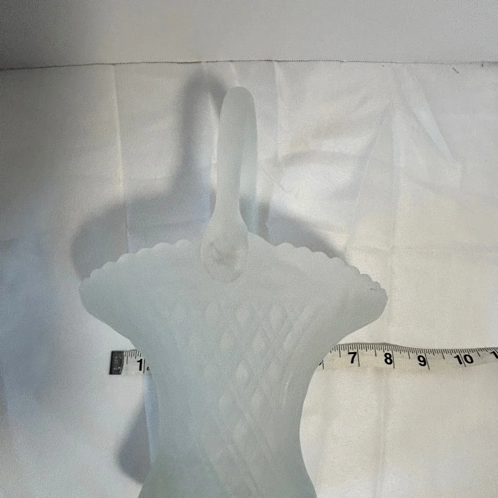 Frosted Glass Flower Basket Hobnail Rim Handle Elegant‎ Decorative Accent